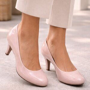 Clarks Women’s Pink Patent Leather Heels Size 7.5 | Elegant Comfort Pumps